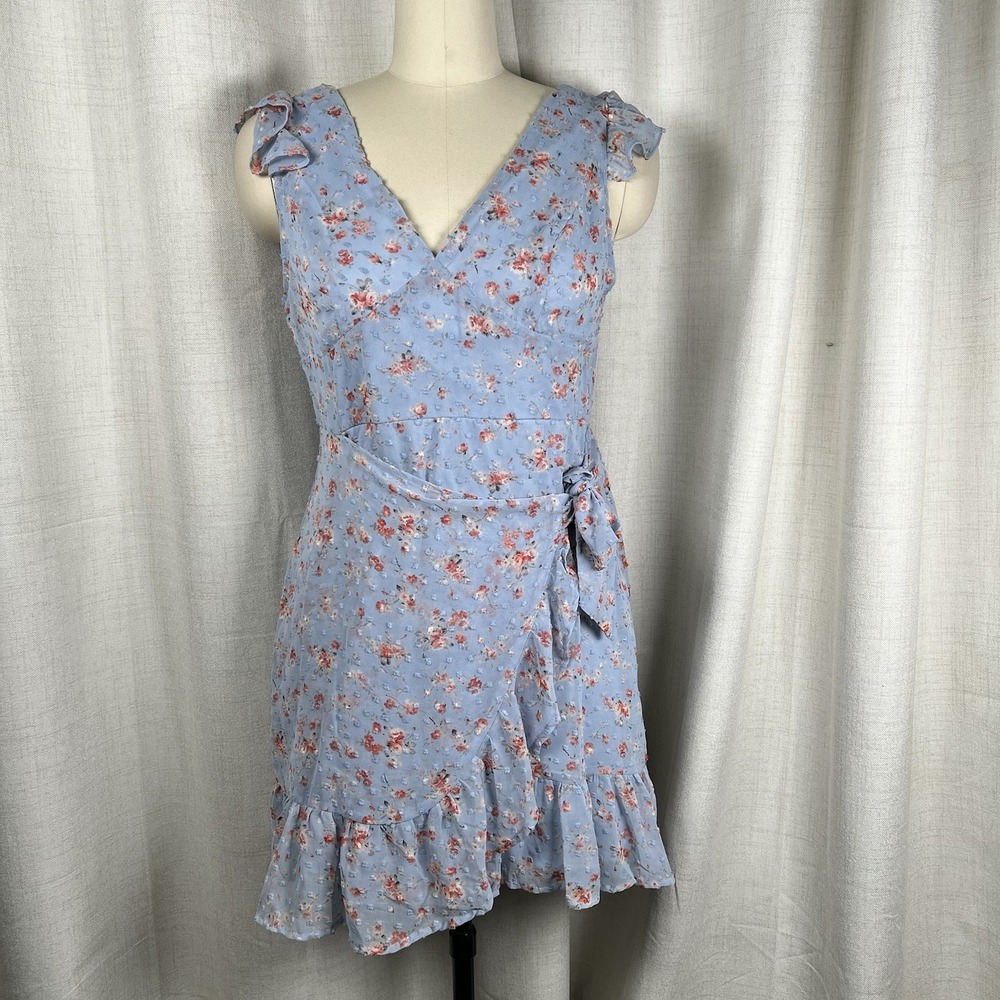 Dee Elly Floral Mini Wrap Dress Size Large Flutter Sleeve Summer Chic Blue
